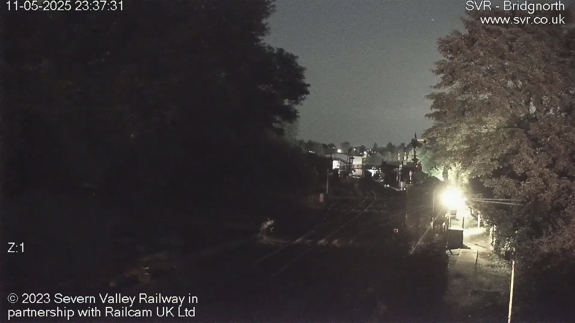 A nighttime, dimly lit view of train tracks, bordered by trees and buildings, under a dark sky.