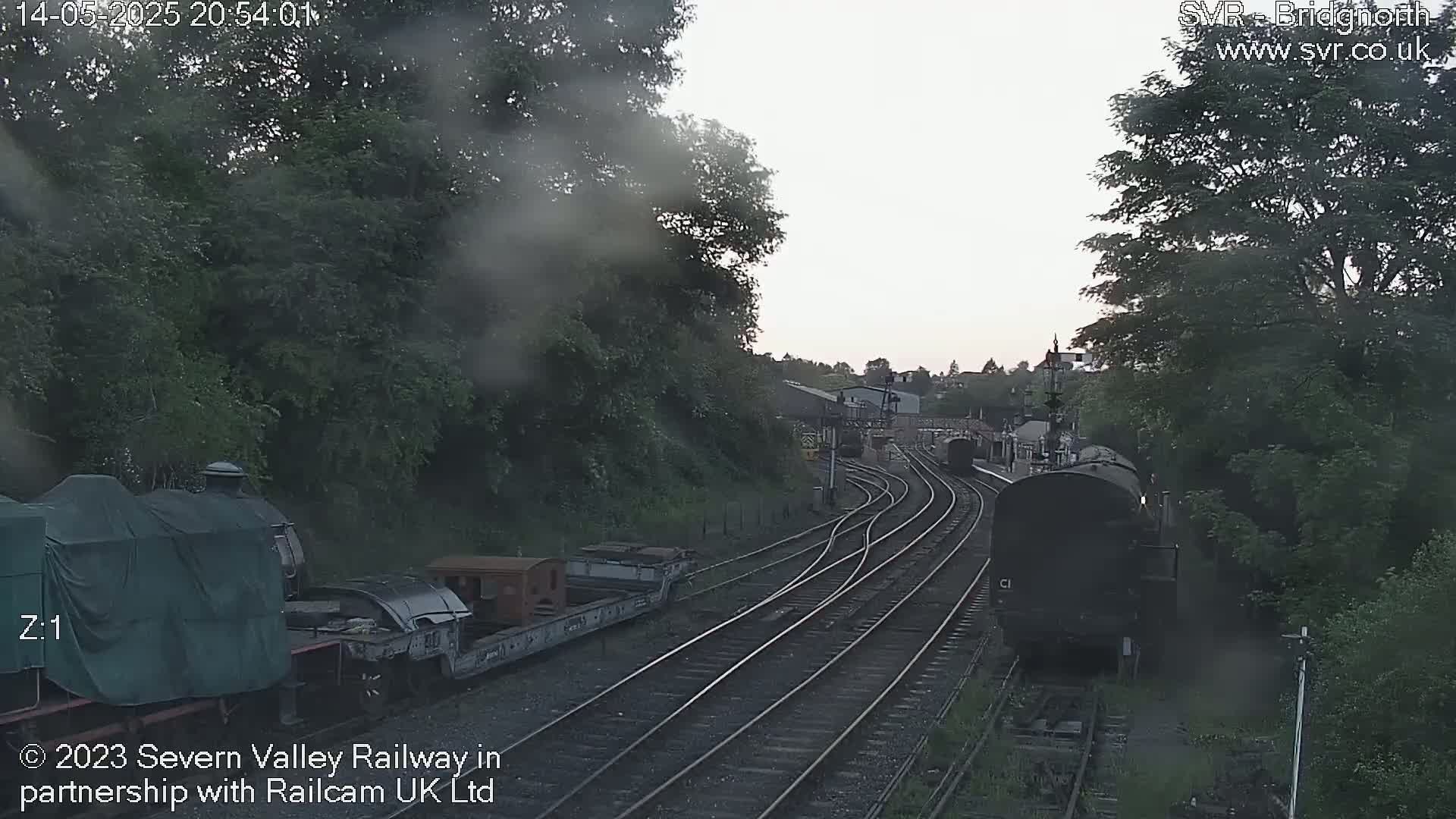 A train yard with multiple train cars and tracks under an overcast sky.