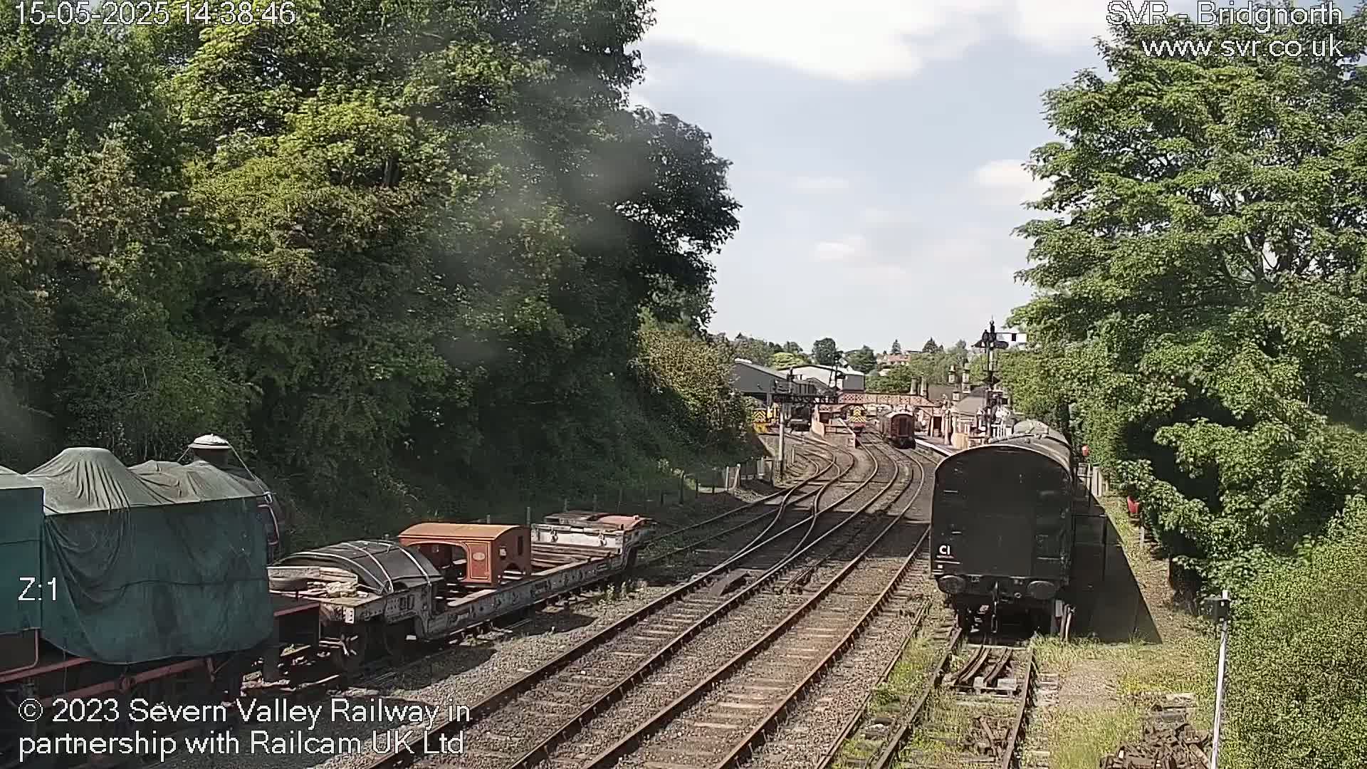A train and railway cars are parked on a track next to a lush green hillside on a sunny day.