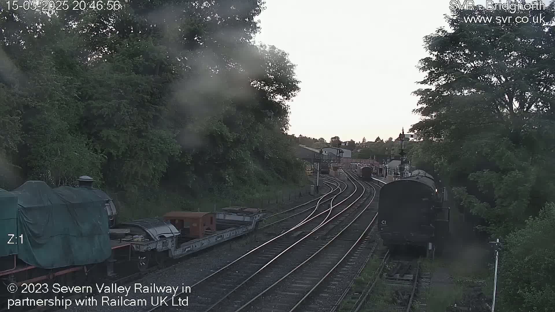 A view of railway tracks branching off, with several train cars and locomotives visible, under an overcast sky.