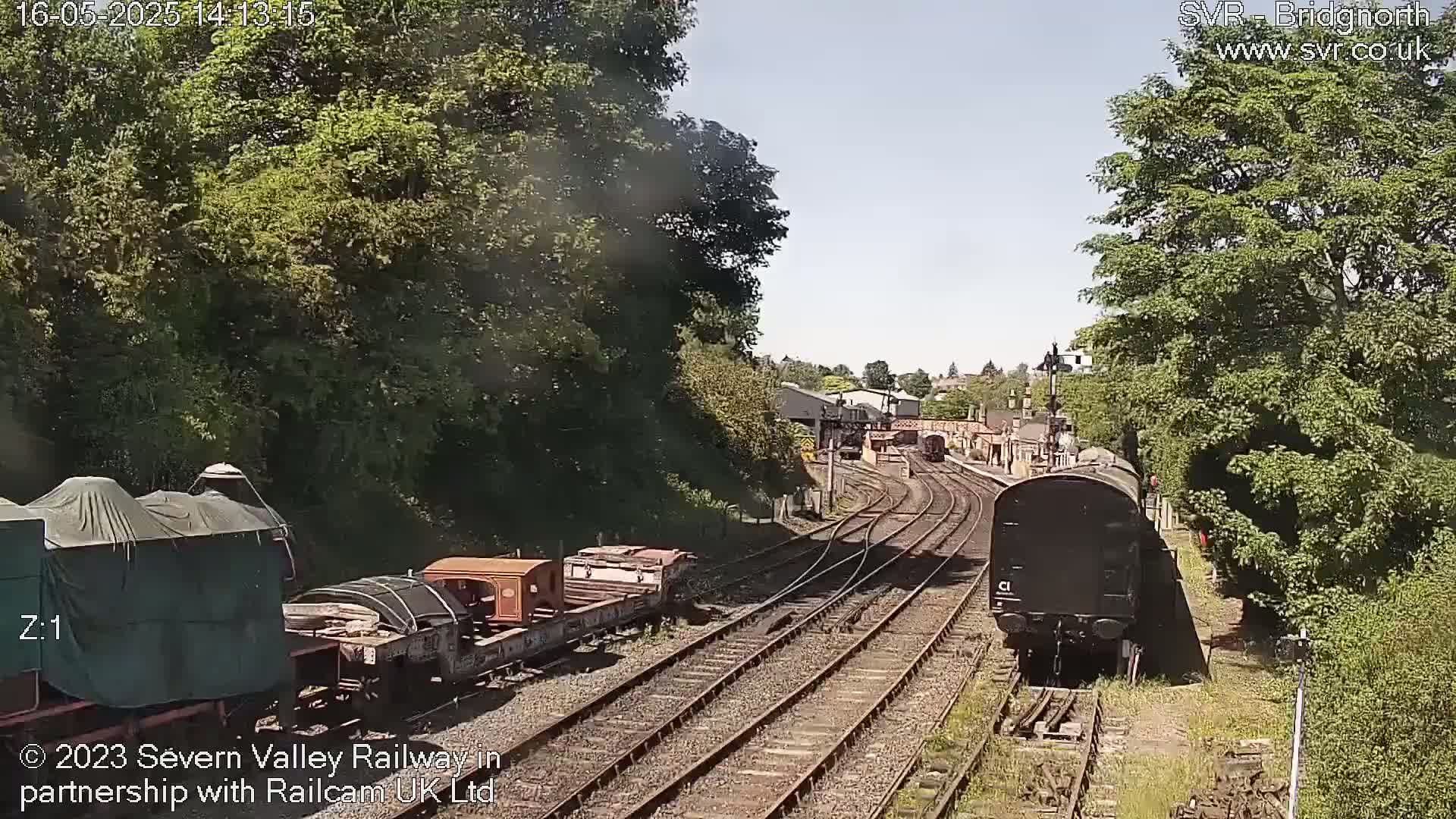 A sunny day at a train station shows multiple train cars and a locomotive on railway tracks surrounded by lush green trees.