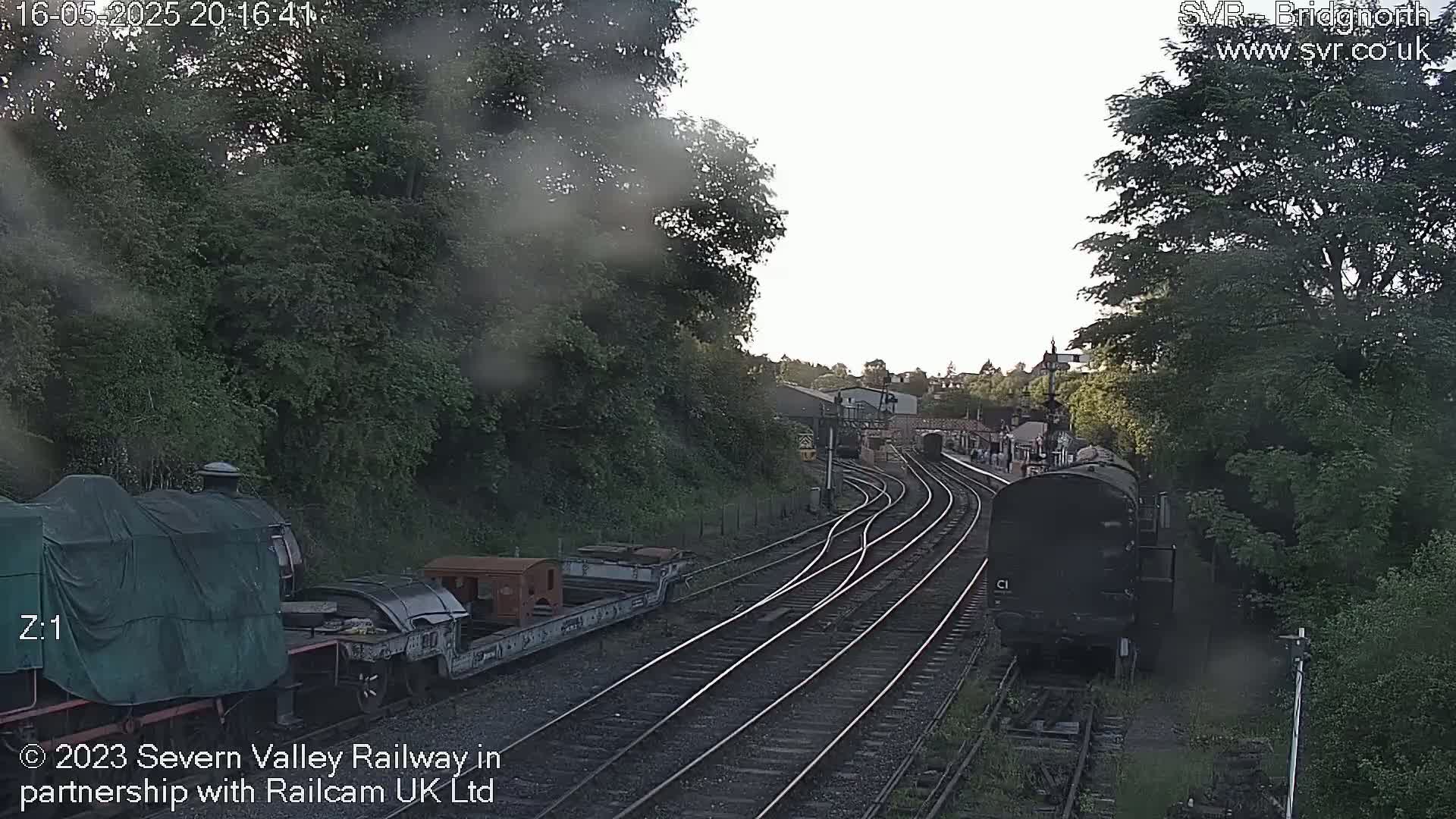 A train is seen on a railway track surrounded by lush green trees and under a partly cloudy sky.