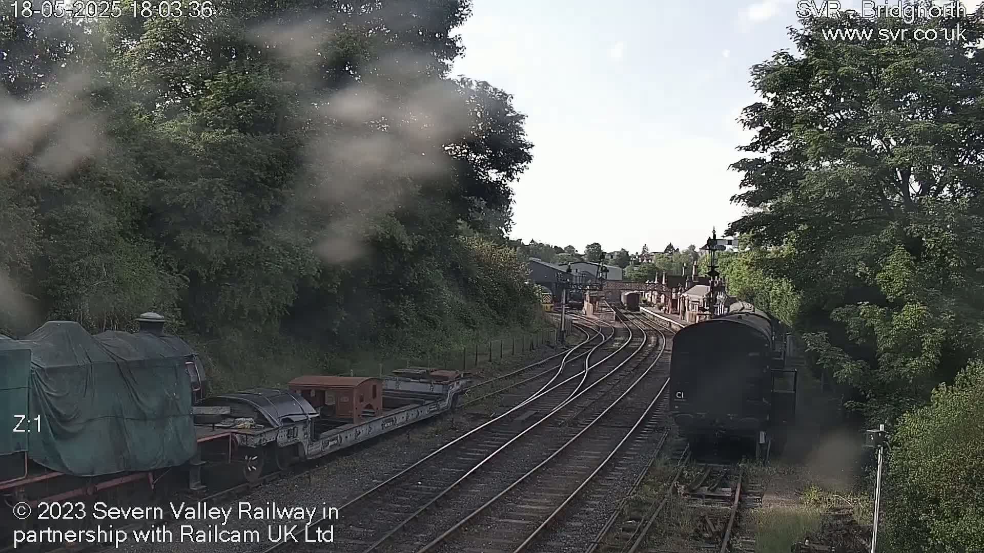 A railway scene on a partly sunny day shows several train cars, including a covered locomotive and a dark passenger car, on multiple tracks that curve through a wooded area.