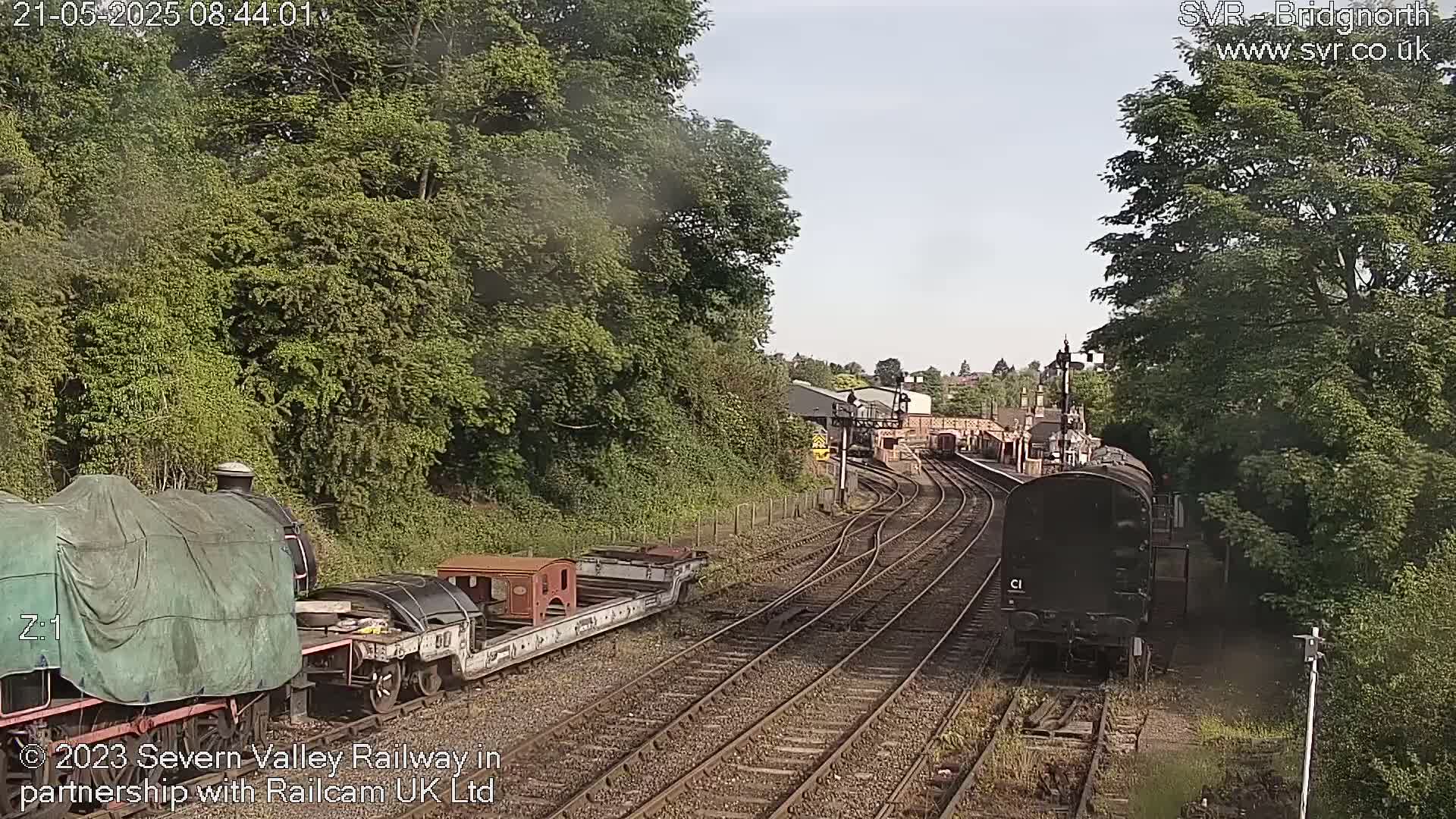 Several railway cars and locomotives are parked on a track that curves through a lush green landscape under a partly sunny sky.