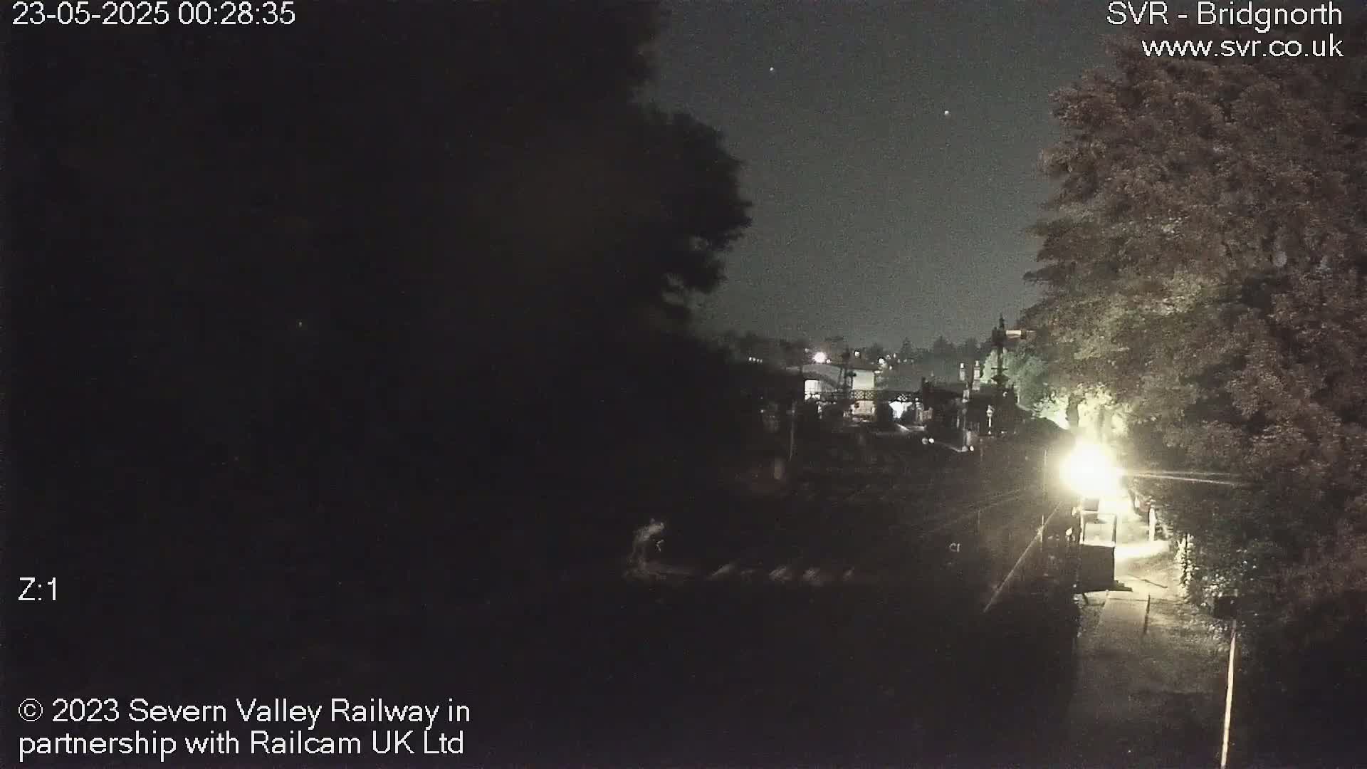 A nighttime view of a dimly lit train station area, partially obscured by trees and darkness.