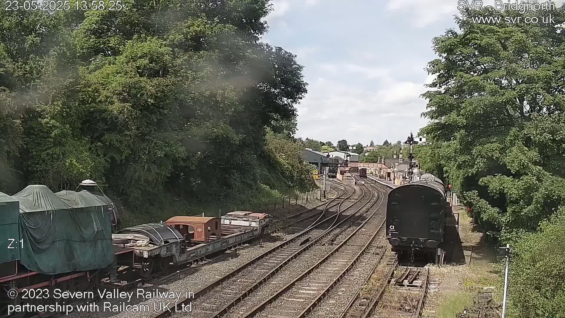 A diesel locomotive and several railway cars are parked on a train track surrounded by lush green trees under a partly cloudy sky.