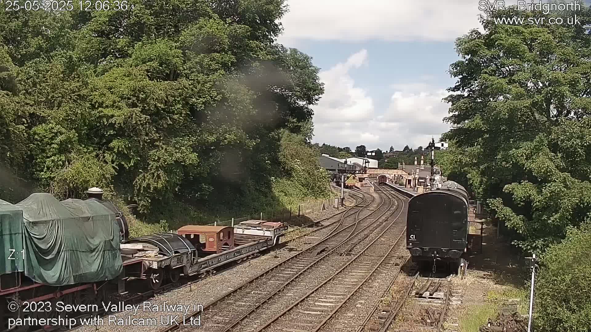 A partly sunny day at a train station shows several railway cars and locomotives on multiple tracks, surrounded by lush green trees.