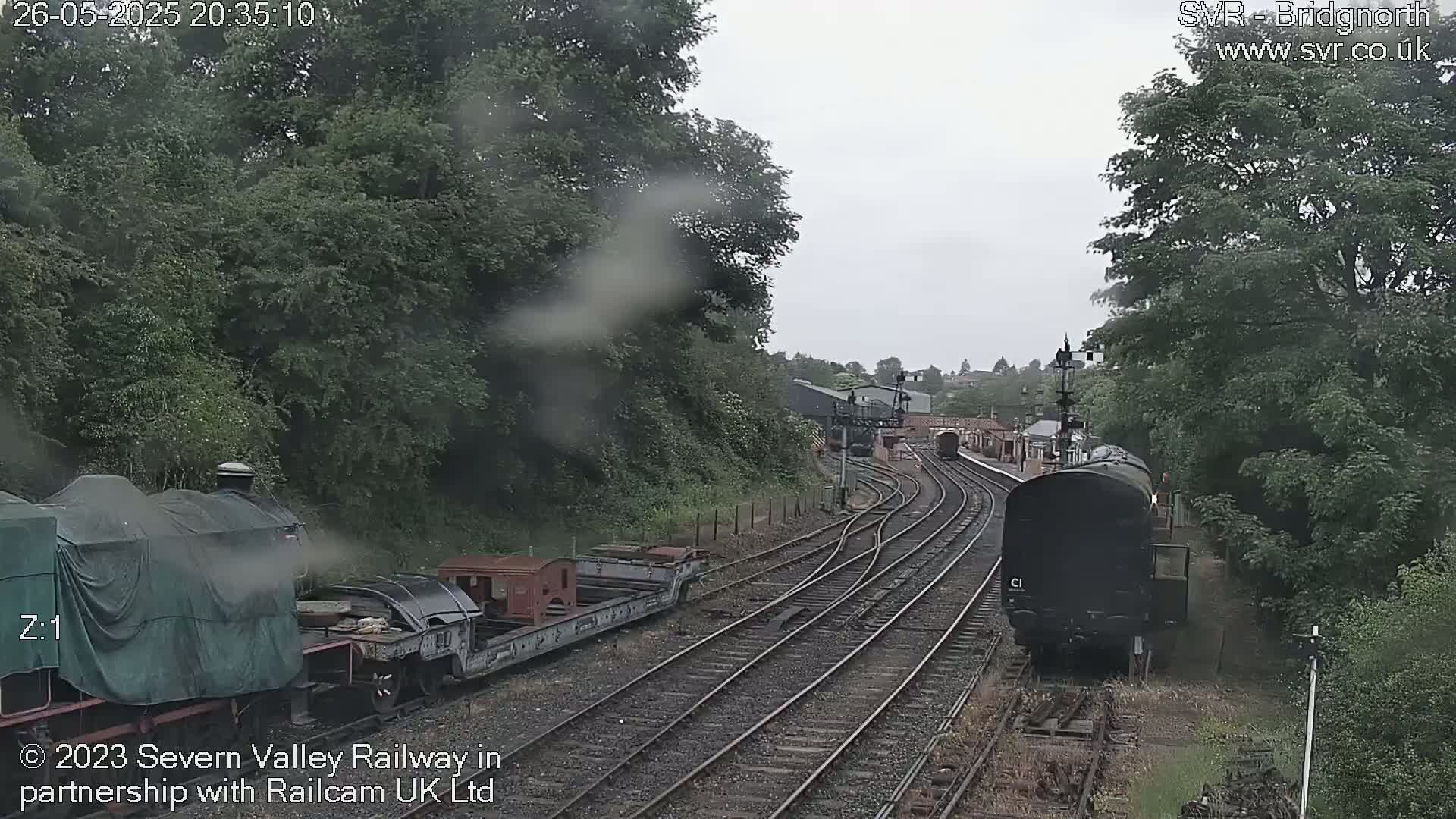 A view of railway tracks on an overcast day, showing two trains, one covered and one uncovered, alongside lush green trees.