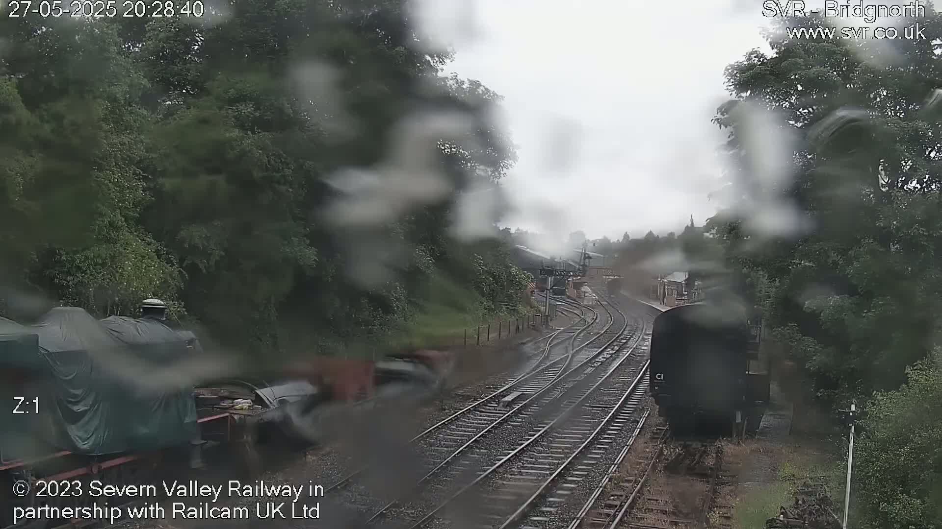 A rain-covered view of a railway line shows a dark train car on the tracks, surrounded by lush green trees and a partially visible station in the distance.