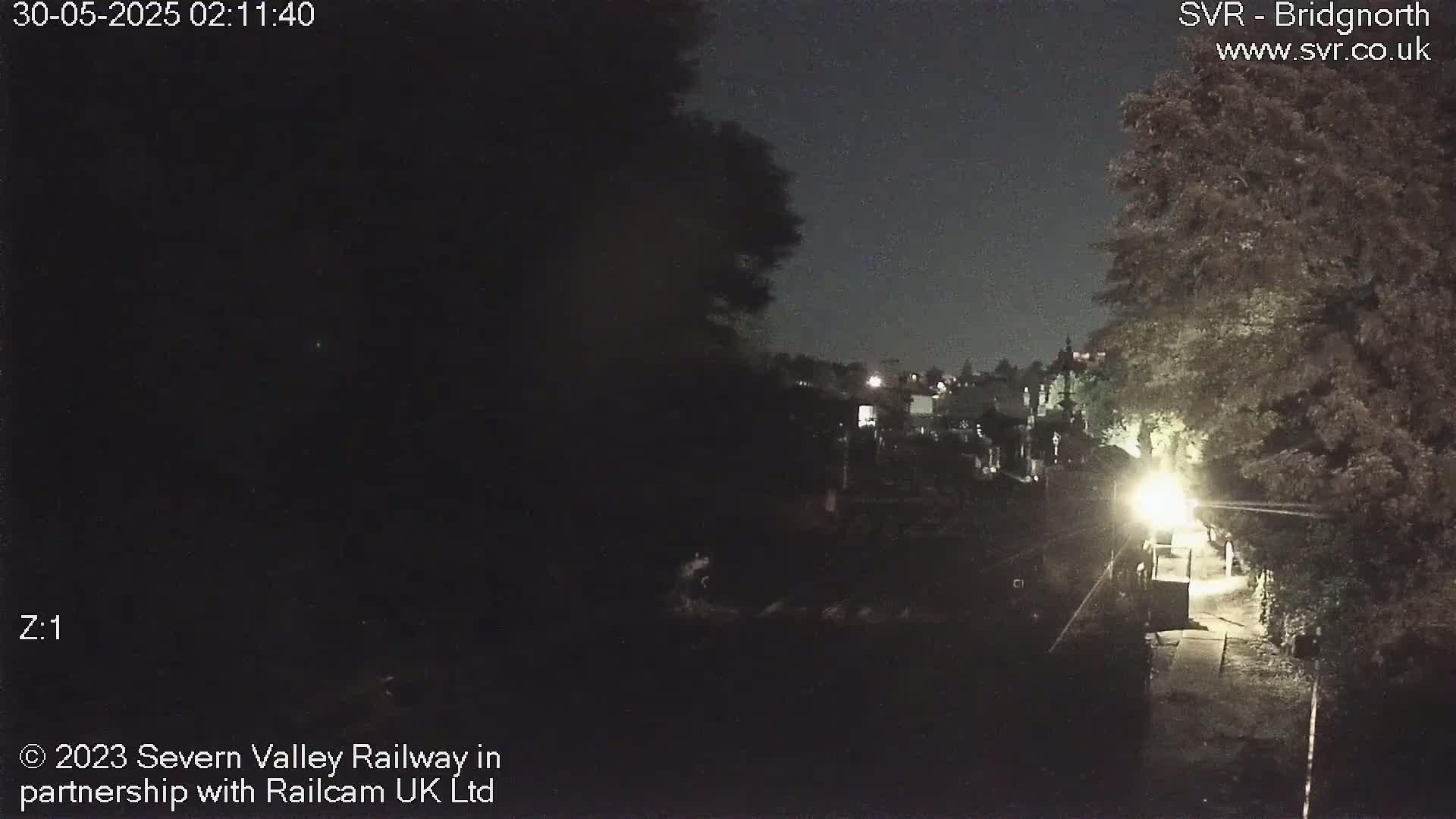 A nighttime view of a dimly lit path, bordered by trees, leading toward a distant, sparsely lit area.