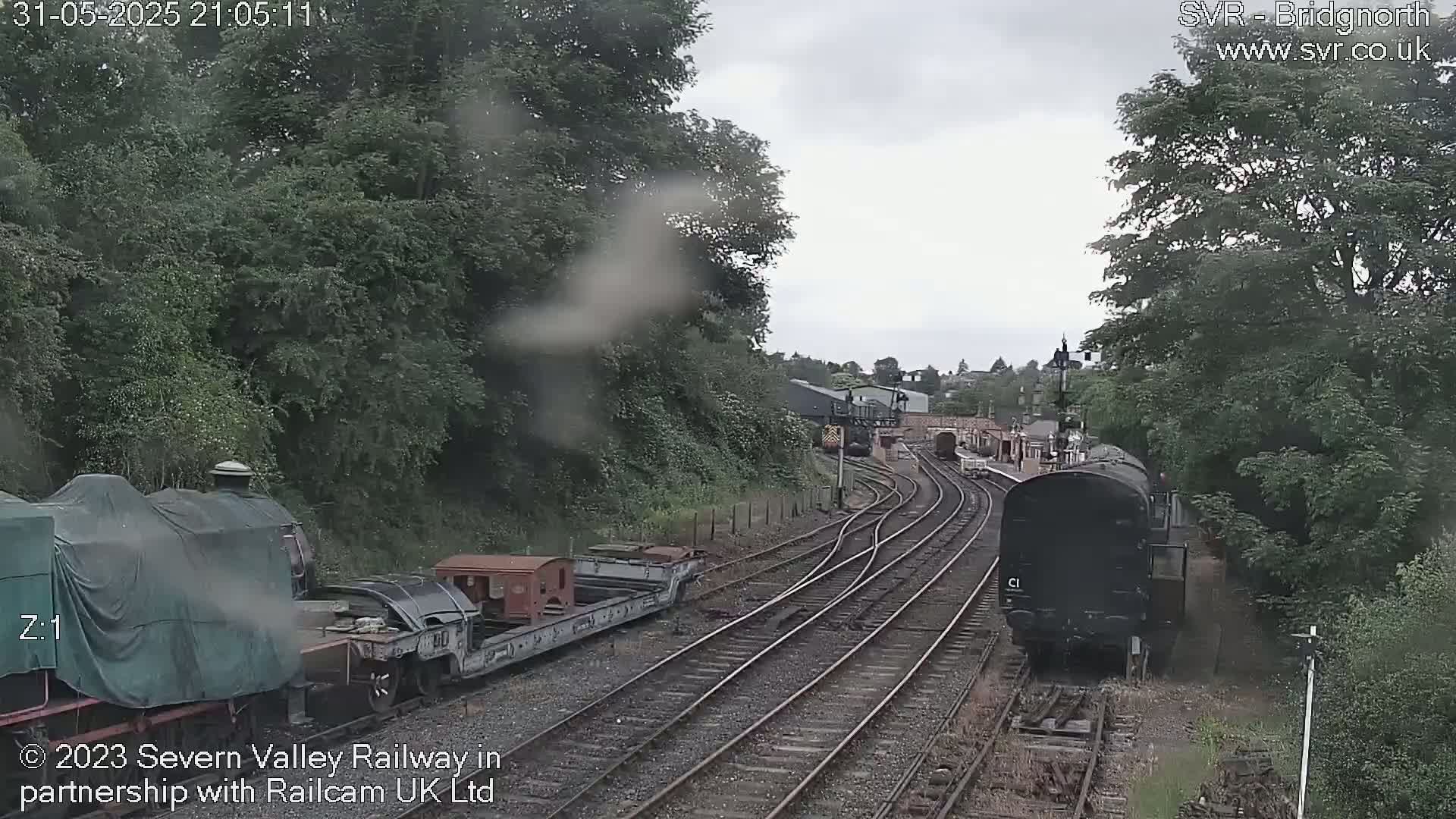 A view through rain-speckled glass shows multiple train cars and locomotives on a railway track surrounded by lush green trees on an overcast day.