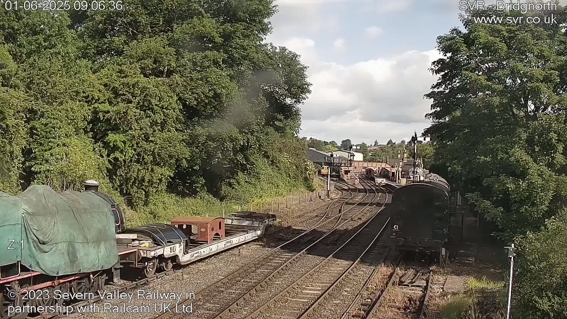 A partly sunny day reveals a railway scene with several train cars, including a covered locomotive, on multiple tracks surrounded by lush green trees.