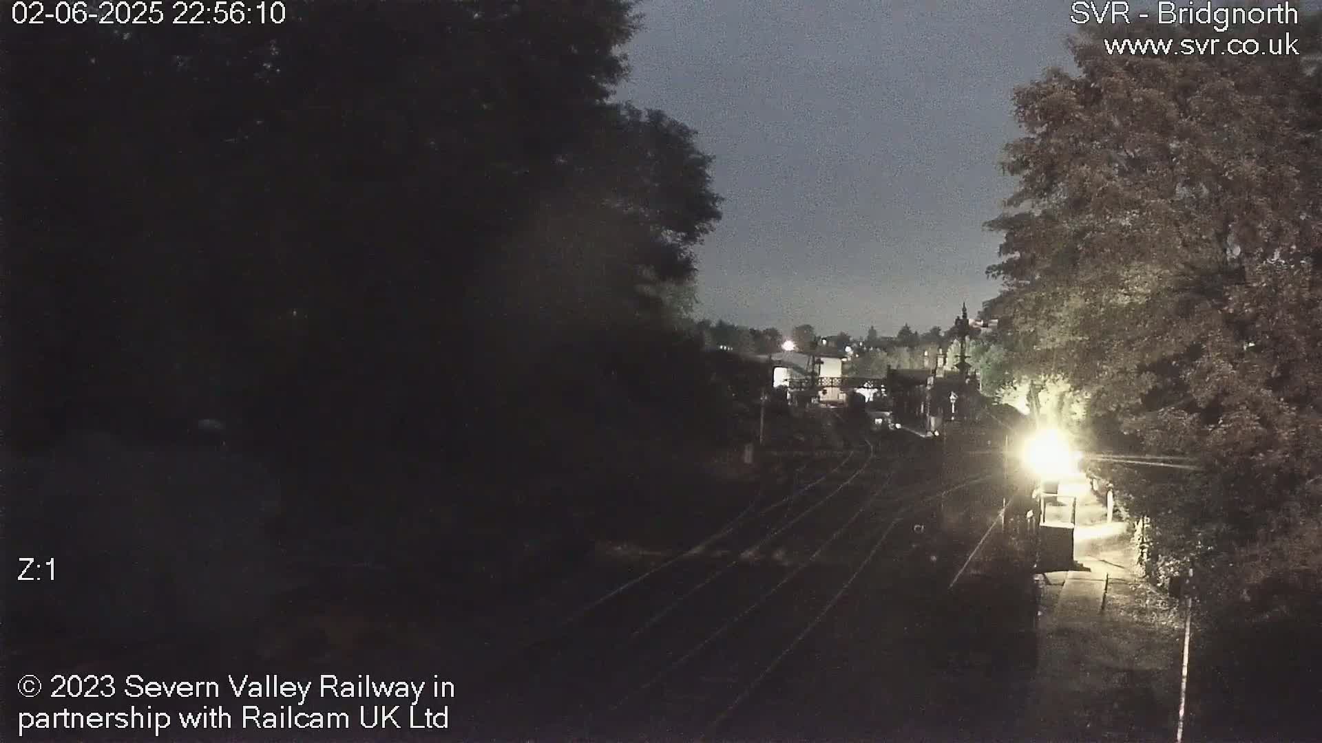 A nighttime view of train tracks and a dimly lit station area, surrounded by dark trees under a cloudy sky.