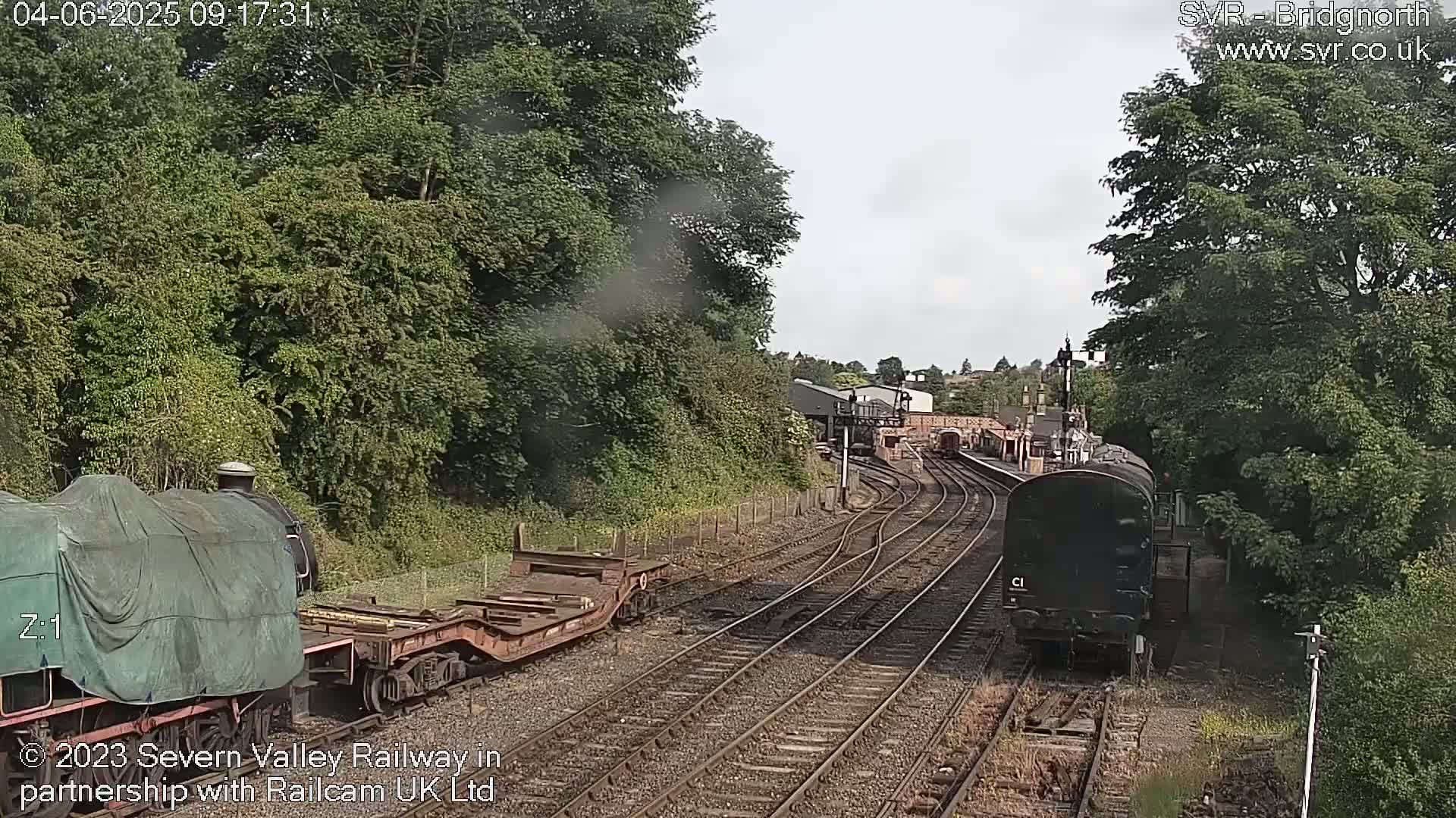 A partially cloudy day shows several railway cars and locomotives on multiple tracks surrounded by green trees and a railway station in the background.