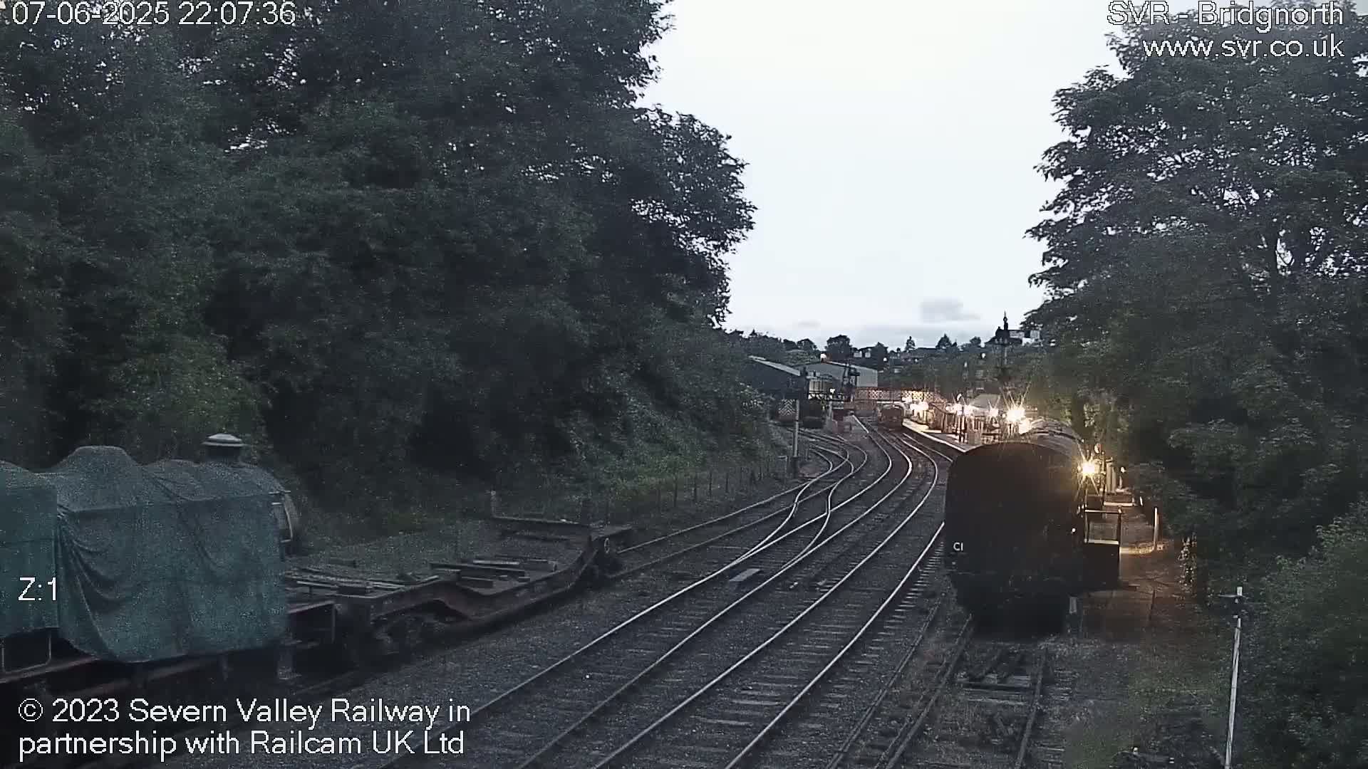 A twilight view of a railway yard with two trains, one covered and one uncovered, on multiple tracks surrounded by lush green trees.