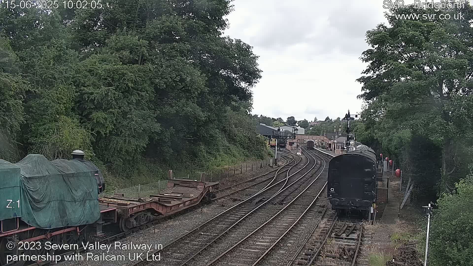 Two trains, one covered and one uncovered, are visible on a railway track surrounded by lush green trees under a partly cloudy sky.