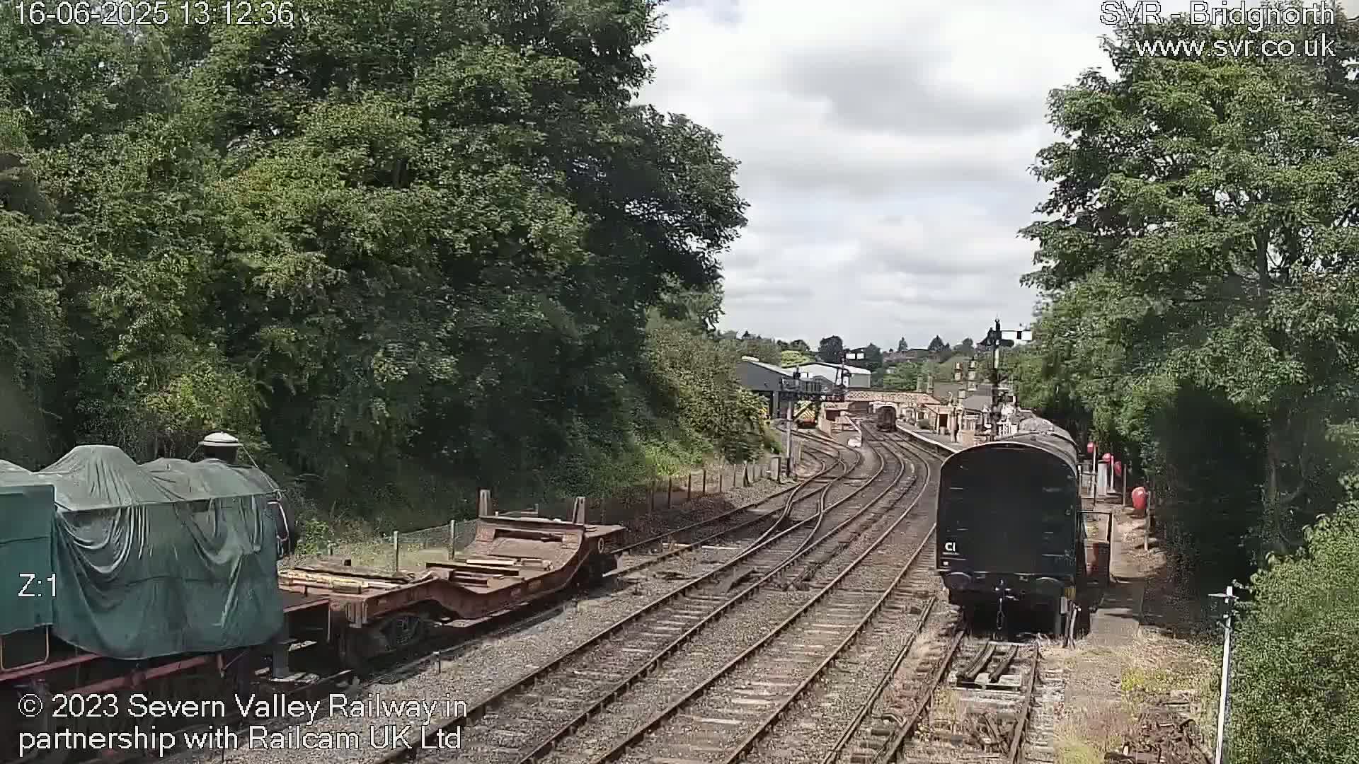 A partially cloudy day shows a train passing by a railway station surrounded by lush green trees.