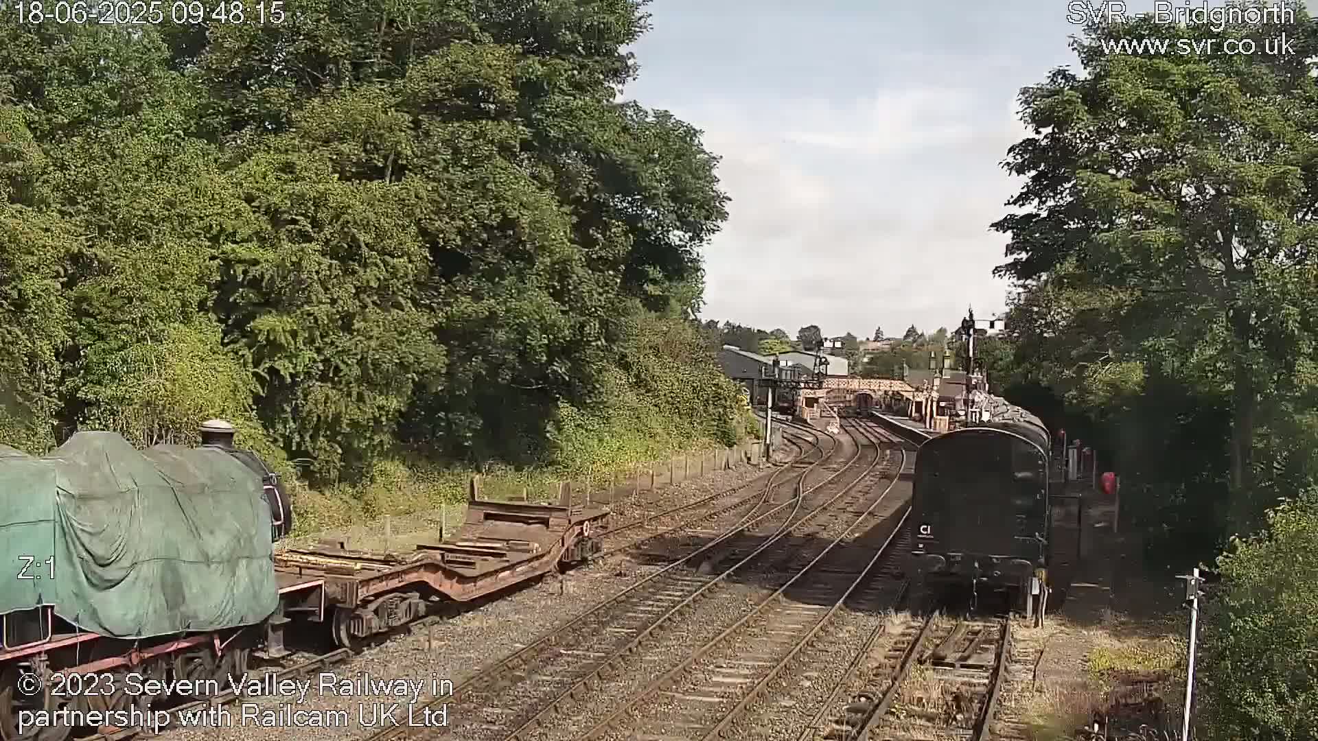 Two trains, one covered and one uncovered, are on a railway track surrounded by lush green trees under a partly sunny sky.