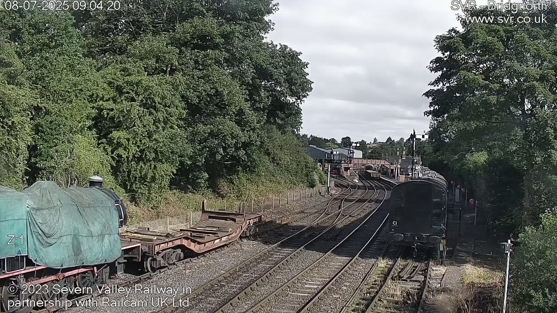 A partially cloudy day at a train station shows multiple train cars on a railway track, some covered and some uncovered, with lush green trees and foliage in the background.