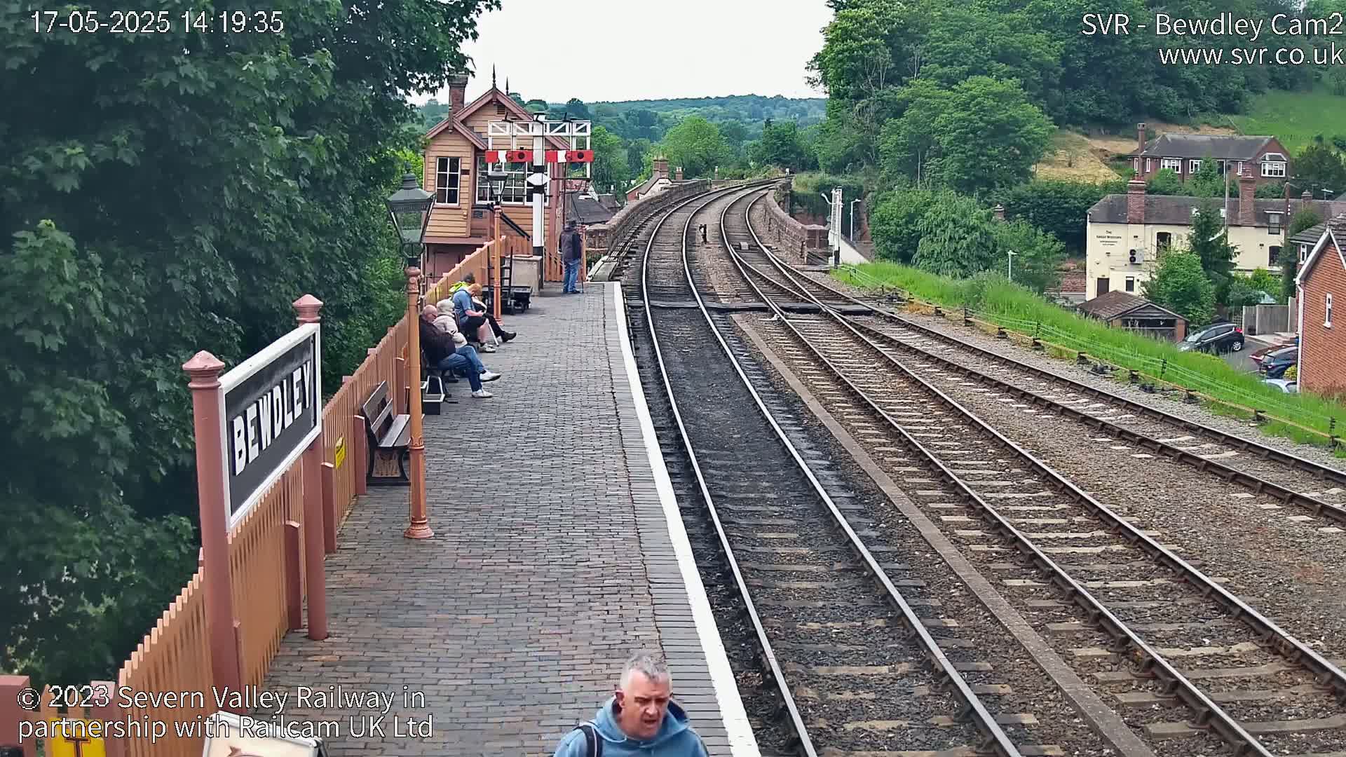 A train station platform with several people sitting on benches, overlooking a curving railway track on a partly sunny day.