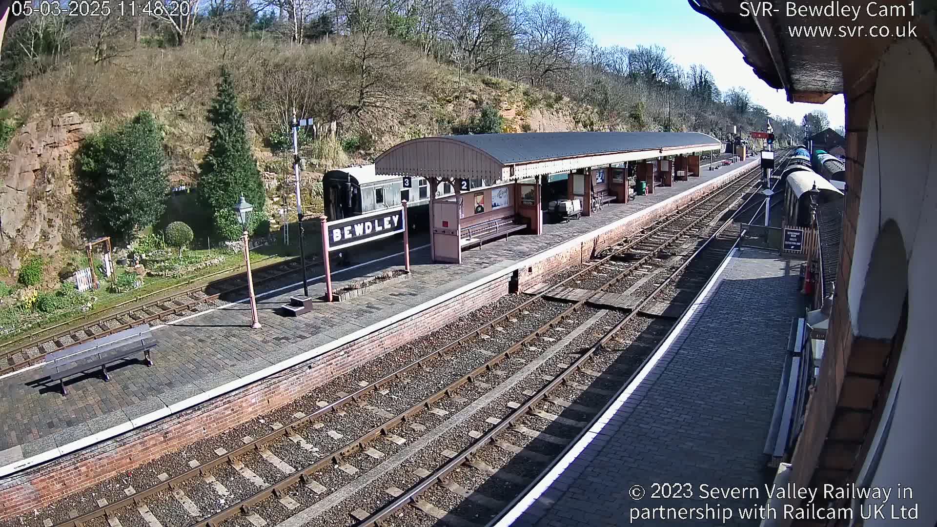 A train sits at a railway station platform on a sunny day, with a hillside visible in the background.