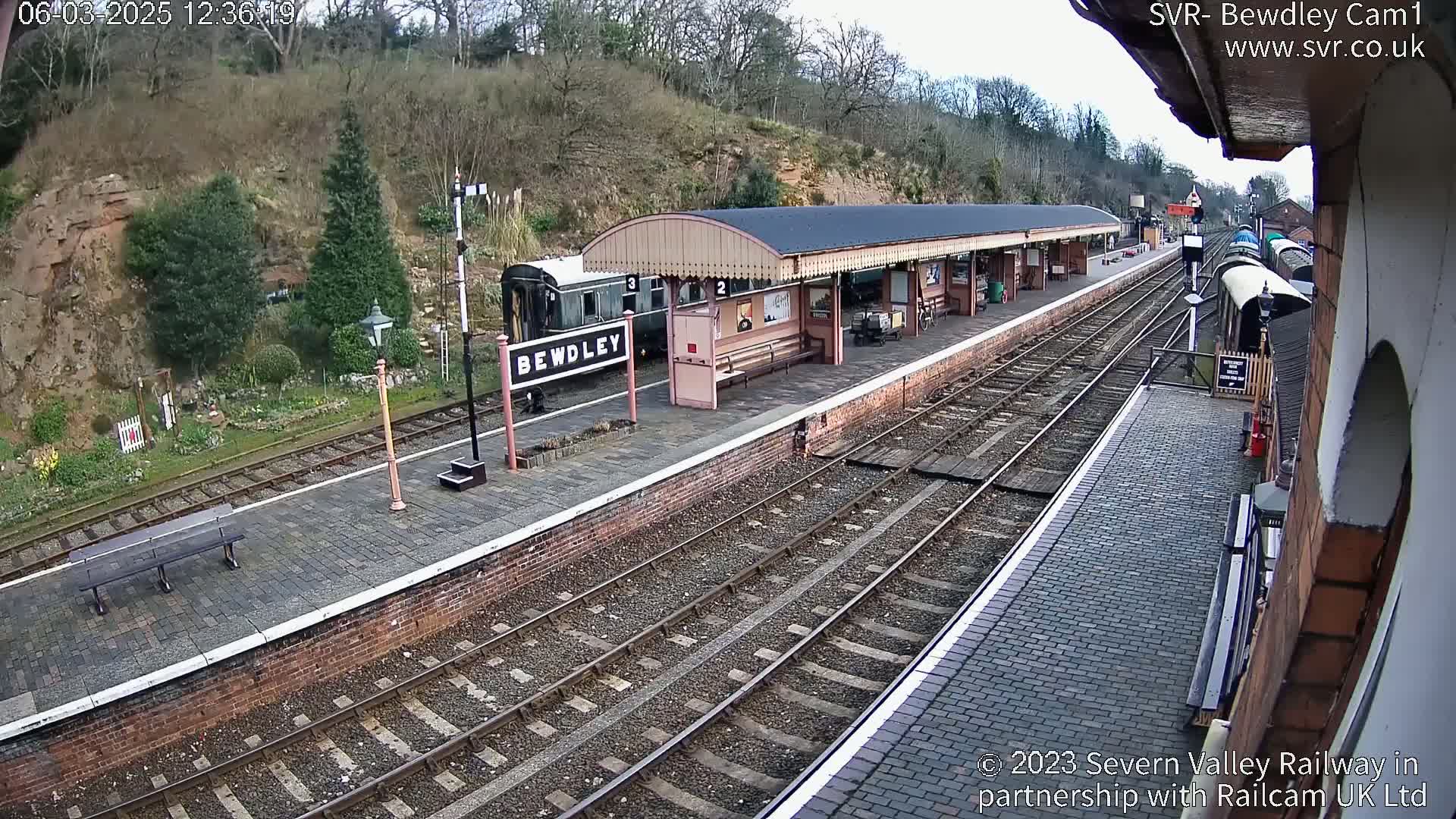 A train sits at a station platform on a partly cloudy day, next to several railway tracks.