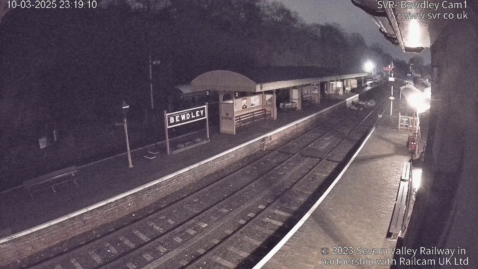 A nighttime view of a train station platform with multiple train tracks, a station building, and some surrounding trees under a dark sky.
