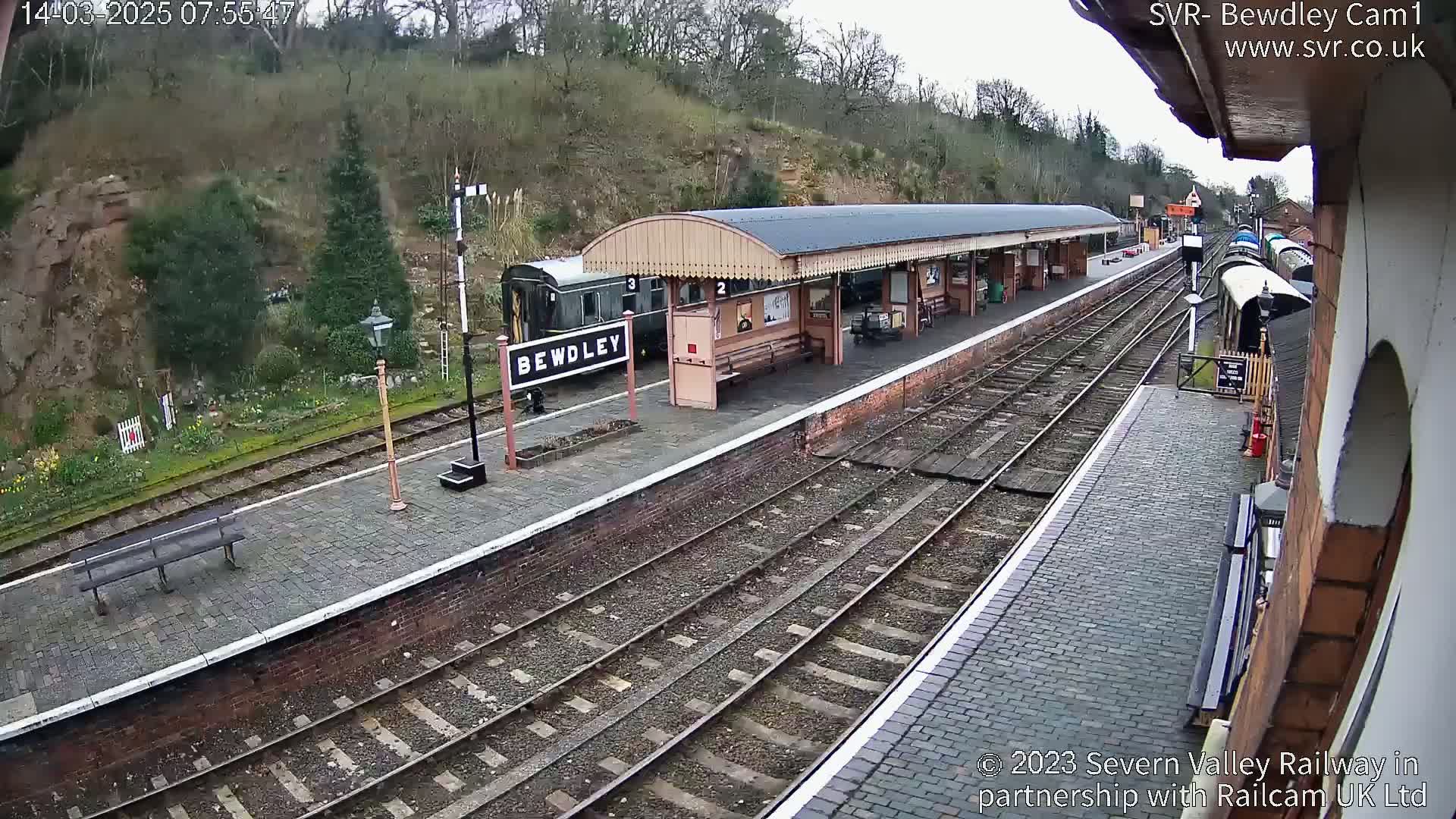 A train sits at a railway station platform under an overcast sky, with another train visible further down the tracks.