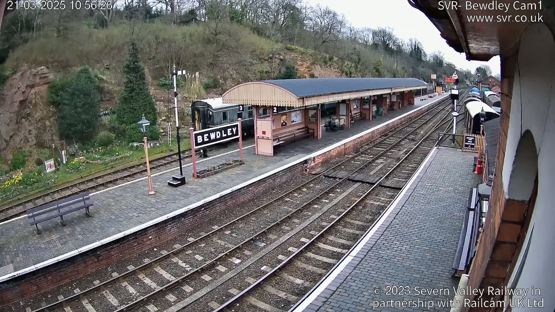 A train station with a covered platform, a train, and a bench sits under an overcast sky.