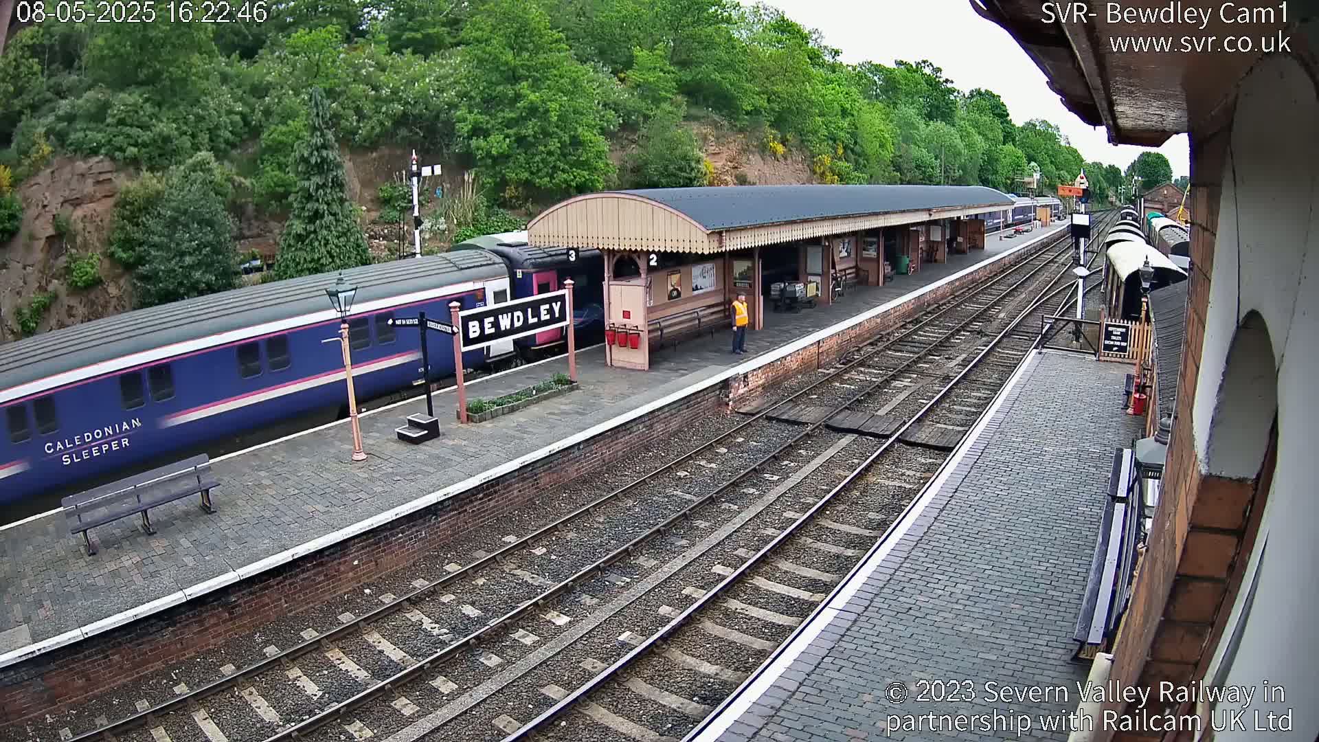 A blue and pink passenger train is at a station platform under an overcast sky, with a person standing nearby.