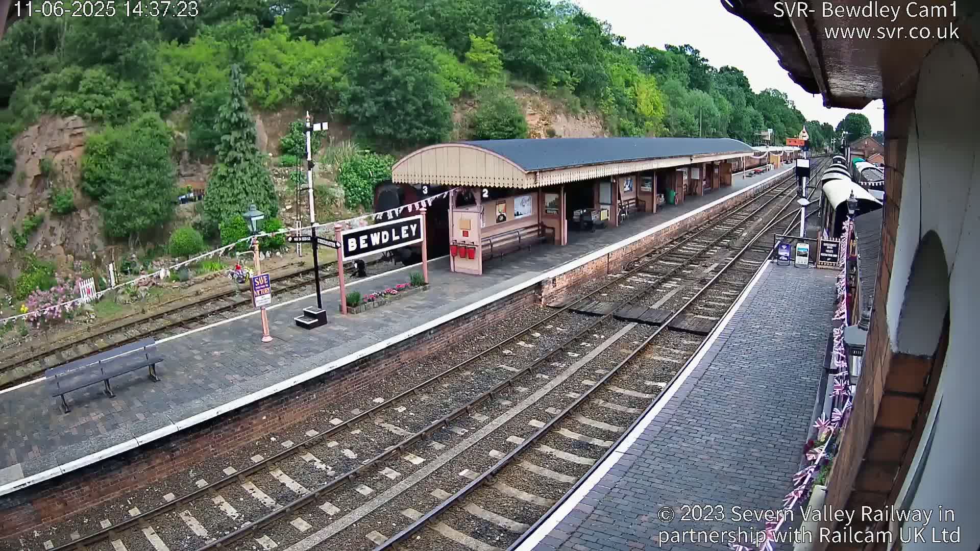 A train station platform with multiple train tracks and a covered waiting area is visible on a sunny day, backed by a lush green hillside.