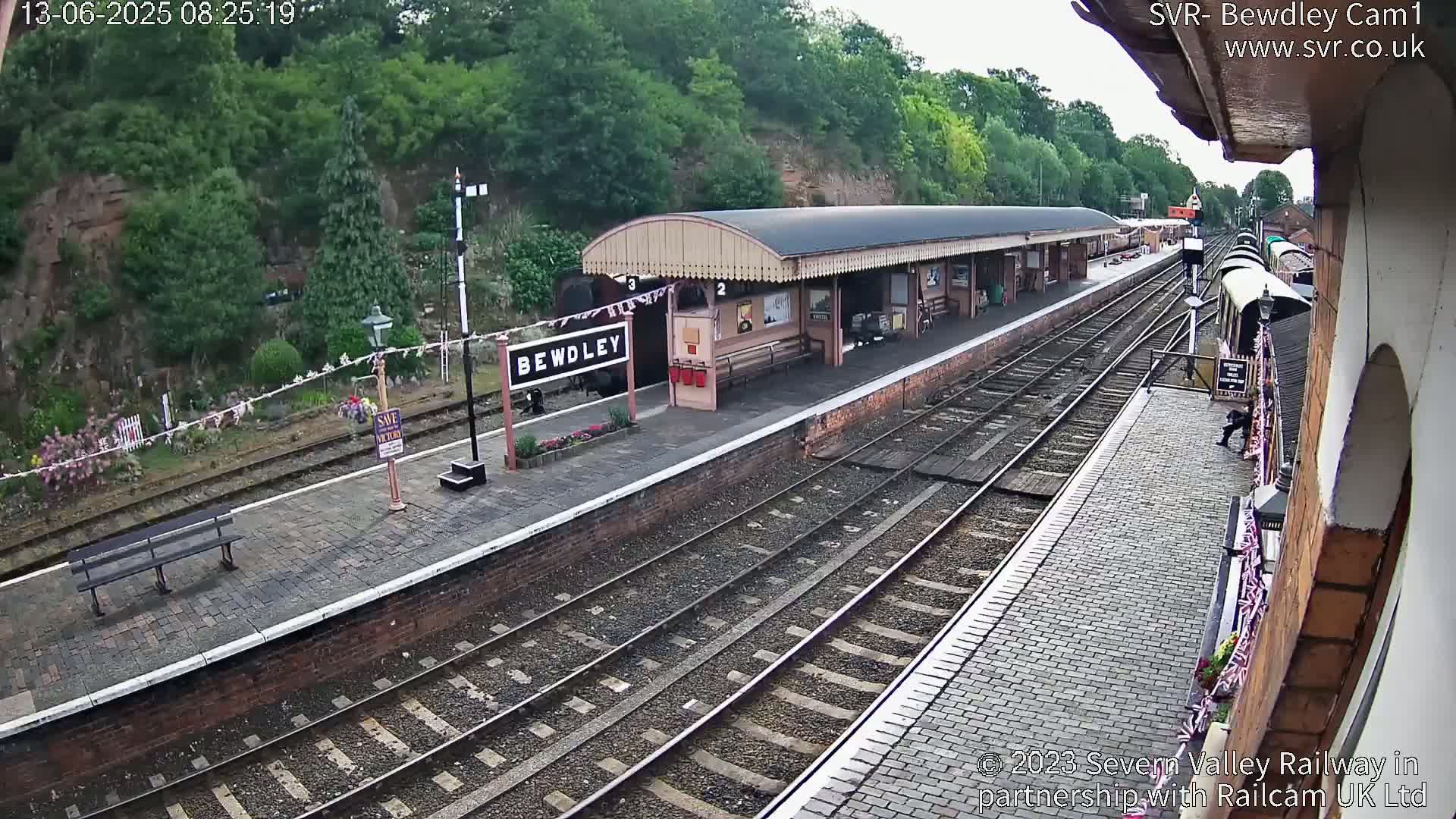 A train station platform with multiple train tracks, a covered waiting area, and a partly visible train under a partly cloudy sky.