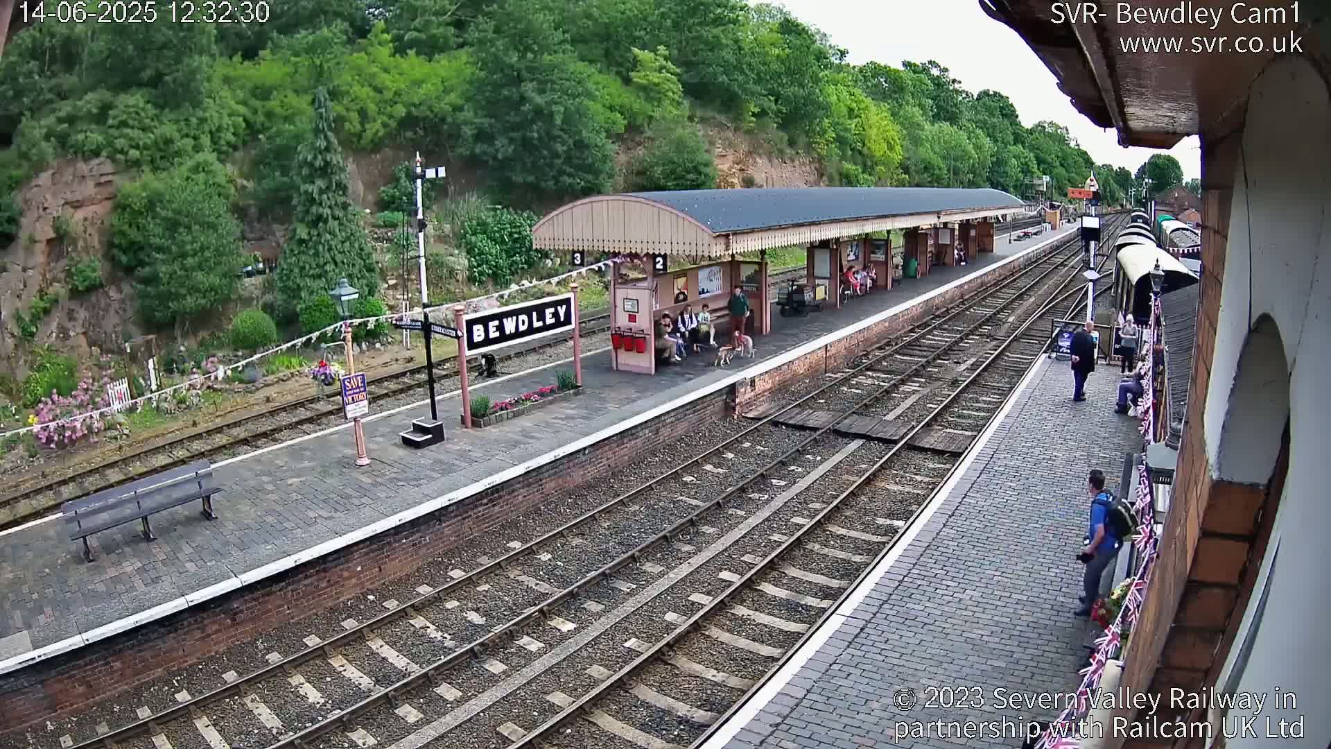 A train station platform with several people and two dogs, situated next to a hillside covered in lush green vegetation on a partly sunny day.