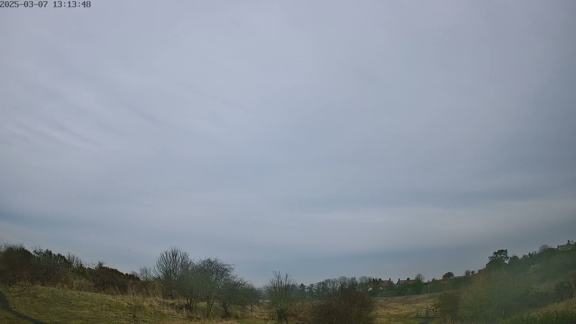 A mostly cloudy sky overlooks a flat, grassy field with sparse trees and a few distant houses on a hillside.