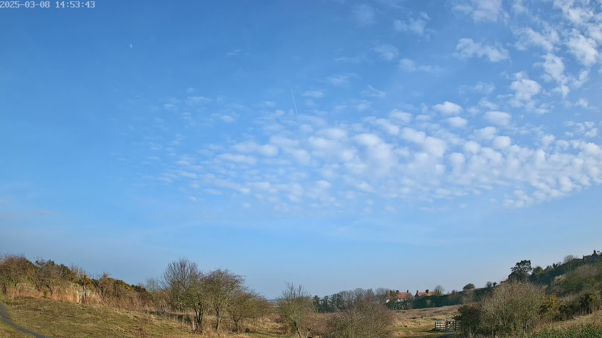 A mostly sunny sky with scattered puffy clouds over a flat, scrubby landscape dotted with bare winter trees and a few distant buildings.