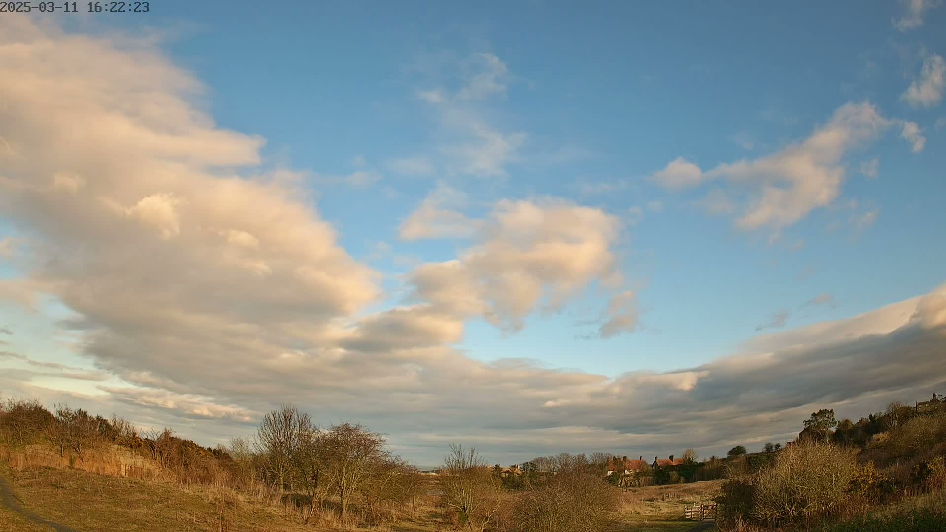 A partly cloudy sky over a landscape of bare, winter trees and dry, brown fields with a few buildings visible in the distance.