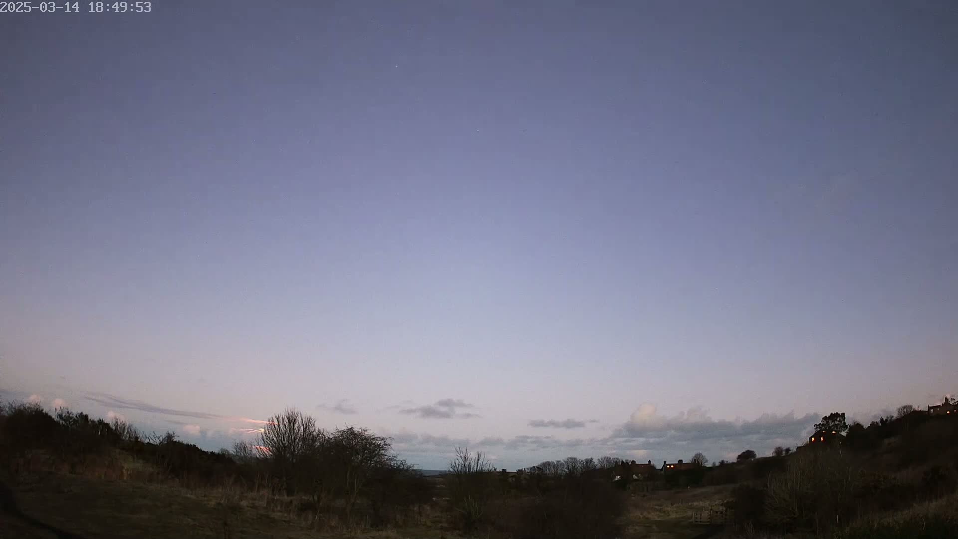 A twilight sky with a few clouds above a mostly bare, dark landscape containing some shrubs and distant houses with lights.