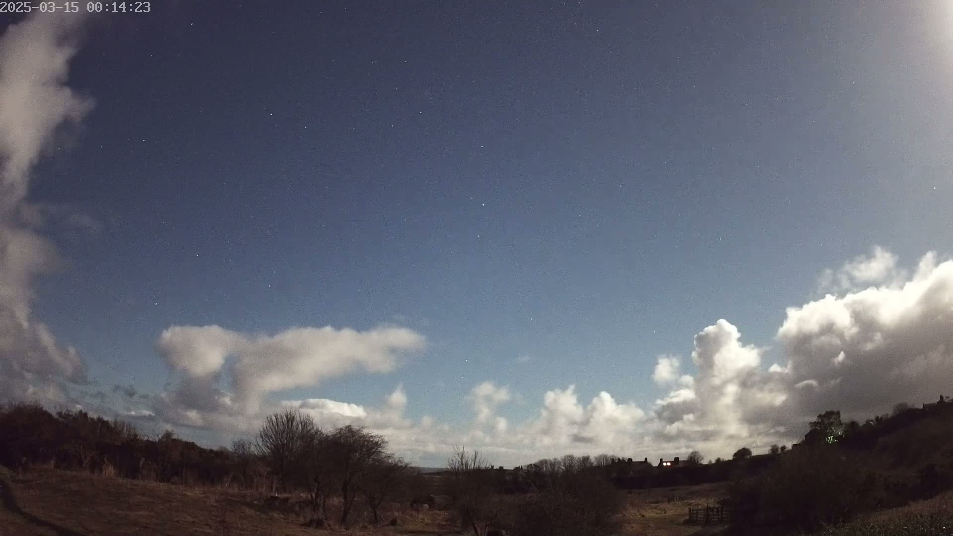 Under a mostly clear, starry night sky with scattered clouds, a landscape of dark trees and fields is visible.
