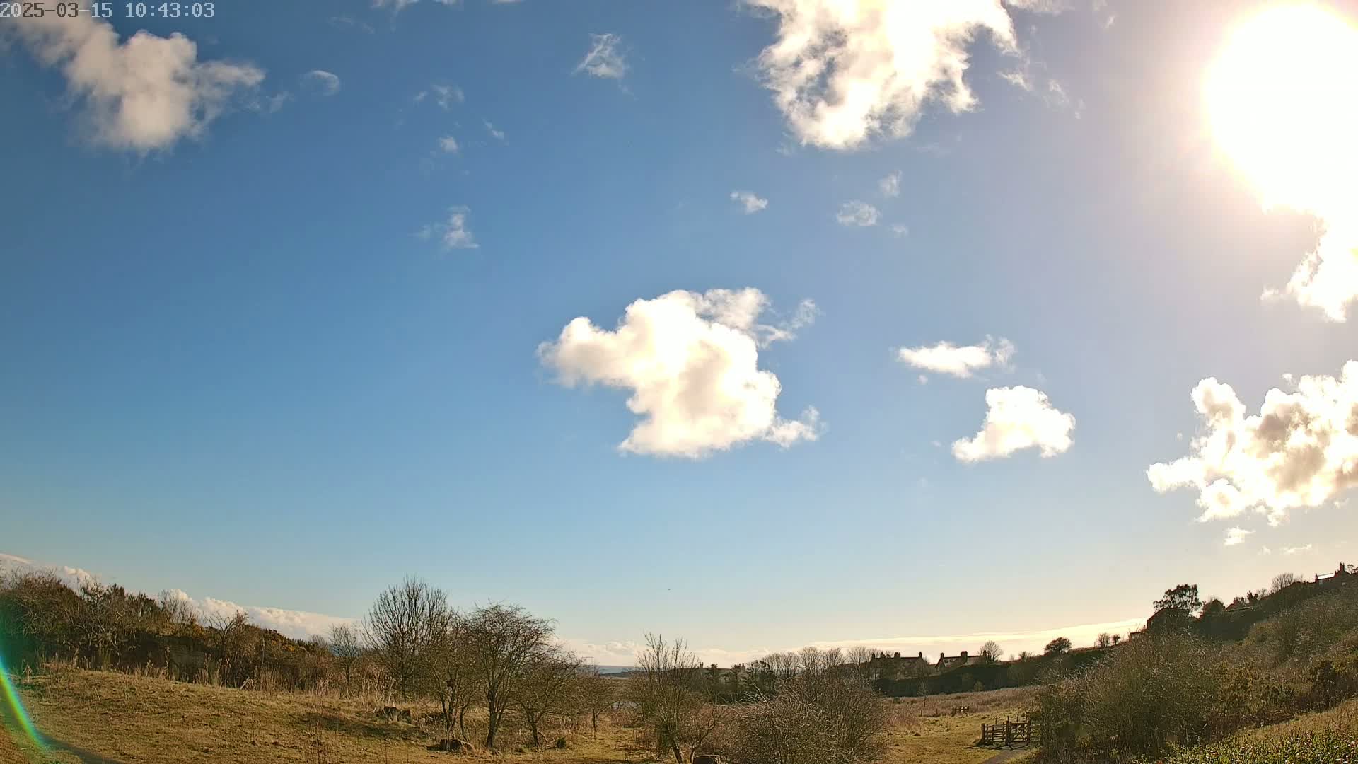 A sunny day with scattered cumulus clouds over a landscape of bare trees and brown grass, with a distant line of houses visible in the background.