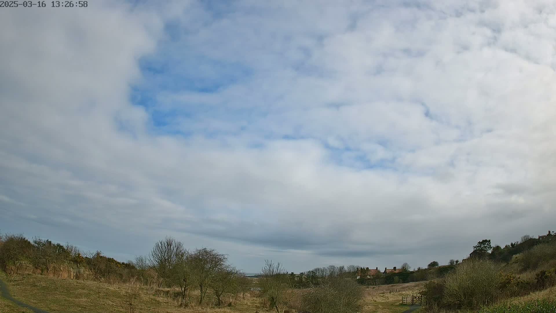 A partly cloudy sky overlooks a landscape of brown, grassy fields, leafless trees, and a distant line of buildings.