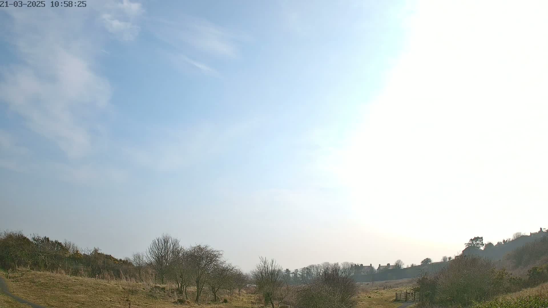 A mostly clear, bright sky overlooks a landscape of dormant, brown vegetation and distant buildings under a hazy sun.
