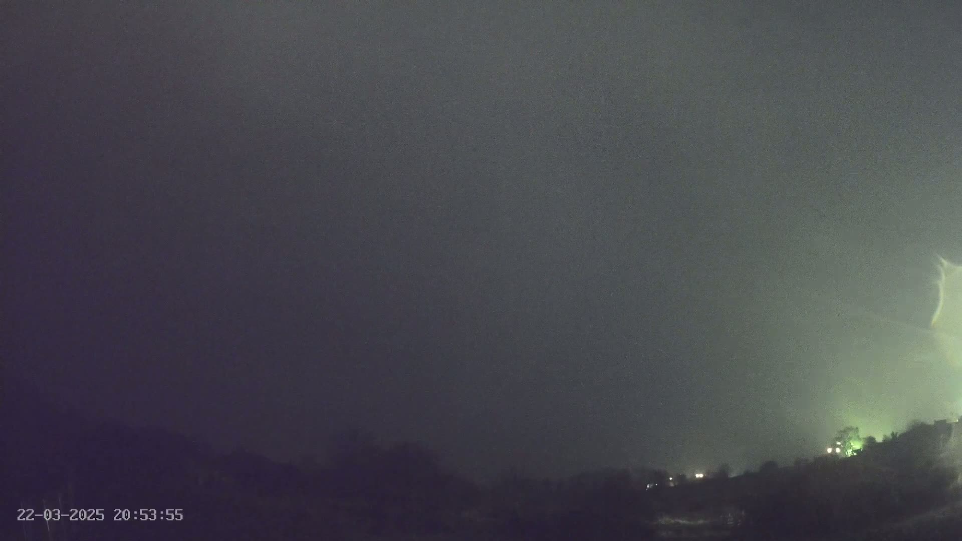 A dark, hazy night scene shows a line of trees and distant lights under a mostly overcast sky.