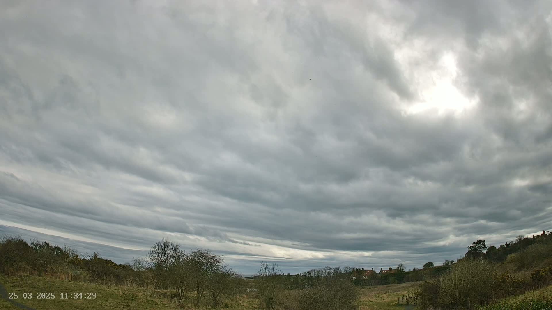 A mostly cloudy sky over a flat, grassy landscape with bare winter trees and a few distant buildings.