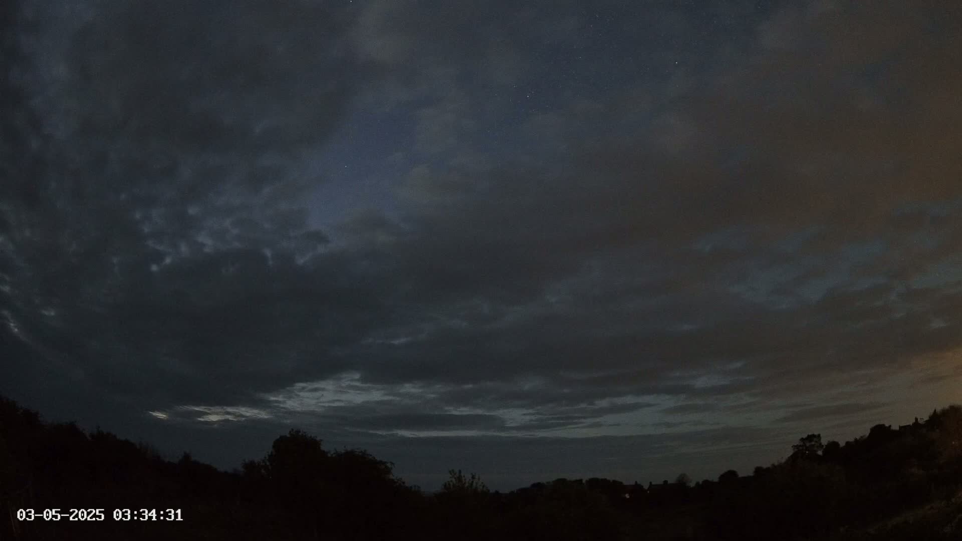 A dark, cloudy night sky is visible above a silhouetted treeline.