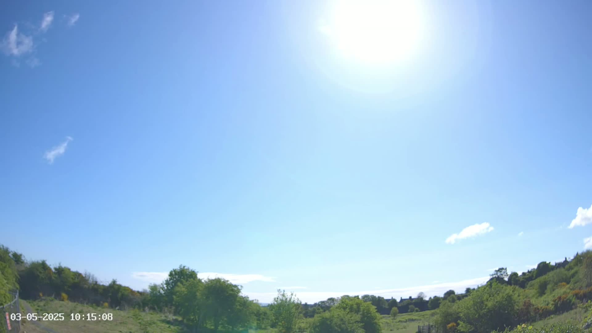 A sunny day with a mostly clear blue sky shows a landscape of green trees and shrubs, a grassy field, and distant buildings.