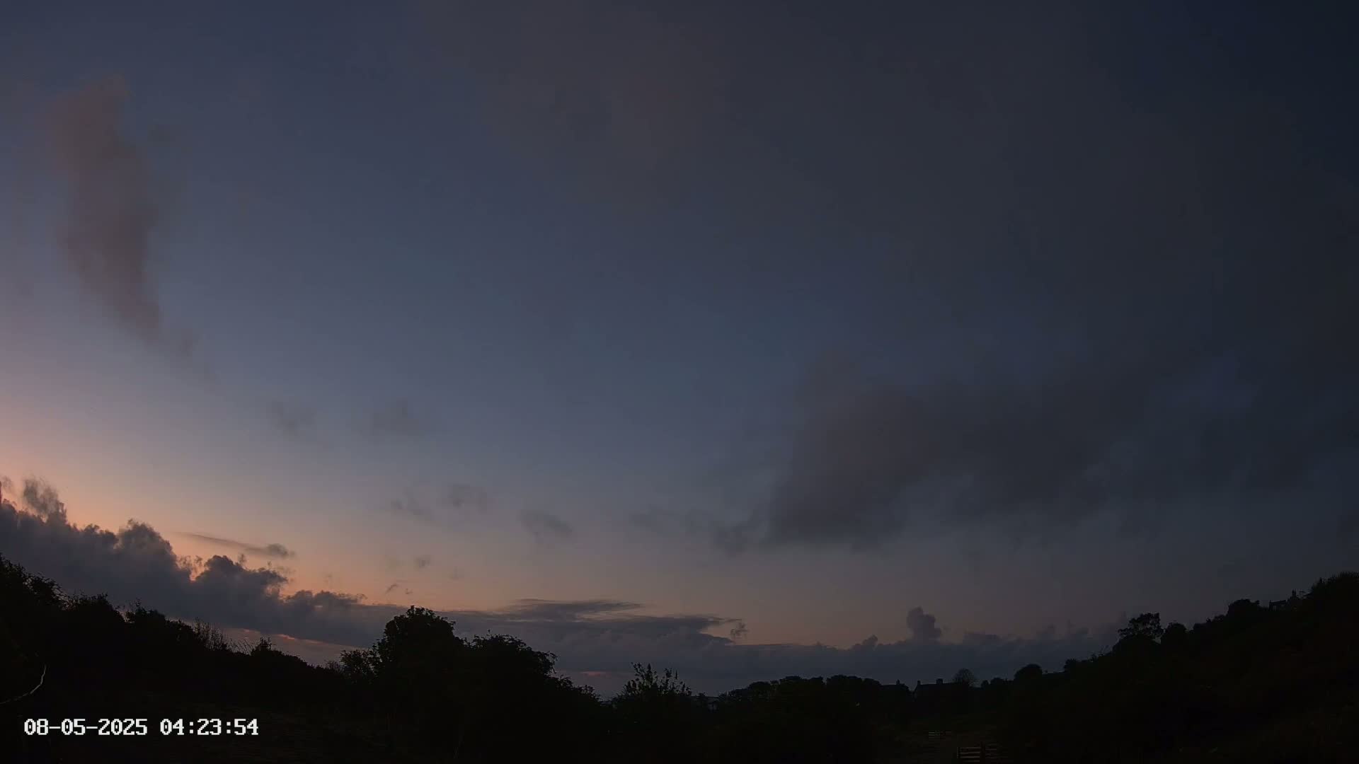 Silhouetted trees line the horizon under a dusky, partly cloudy sky during either sunrise or sunset.