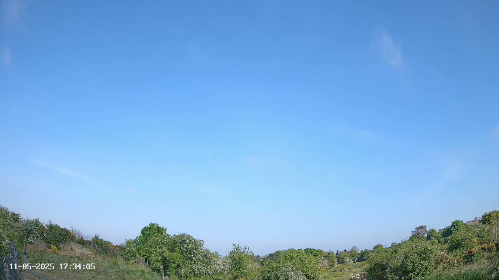 Under a mostly clear, bright blue sky, lush green hillsides dotted with trees and shrubs extend to the horizon.