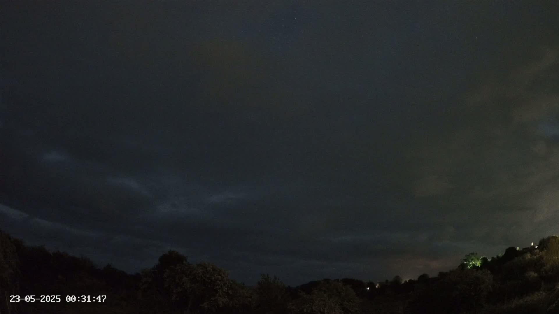 A nighttime view of a dark, cloudy sky over a line of dark trees and distant lights.