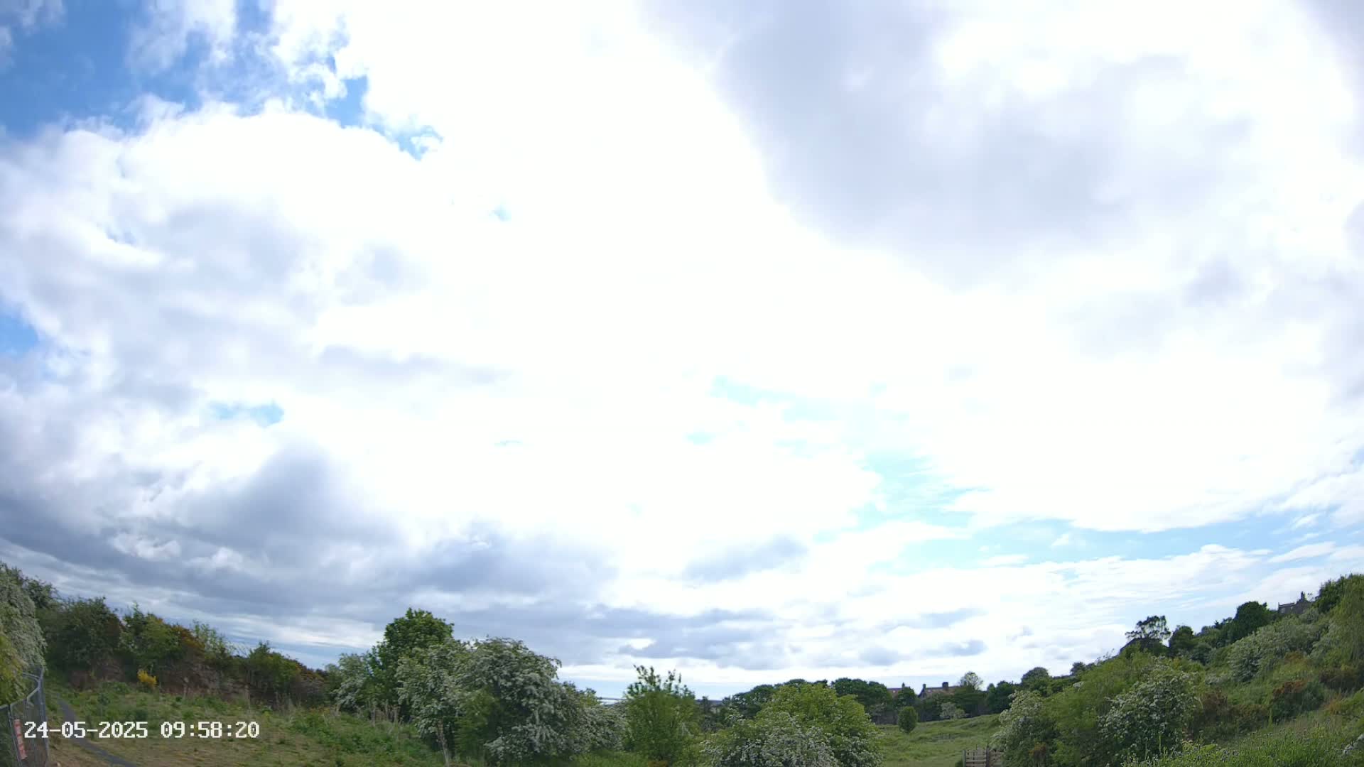 A mostly cloudy sky over a grassy field with bushes and trees, some buildings visible in the distance.