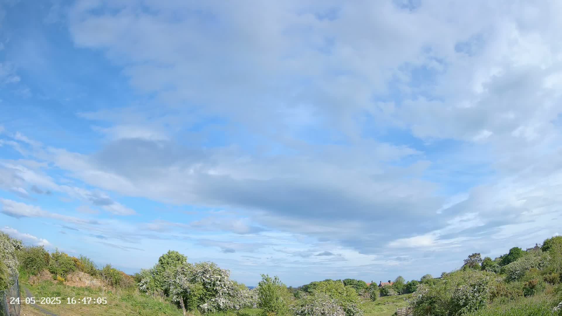 A mostly sunny sky with scattered clouds overlooks a landscape of green vegetation and a few distant houses.
